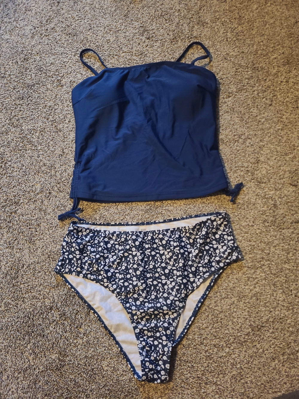 Cupshe Navy Blue Tankini with Navy Floral High-Waist Bottoms